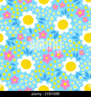 Motif été sans couture. Vecteur fleurs dessinées à la main Seamless patten. Marguerites stylisées et tournesols sur fond bleu Illustration de Vecteur