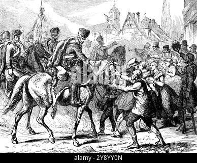 Fin des guerres napoléoniennes en 1815, retour des soldats prussiens dans leur ville natale, accueil enthousiaste, Prusse, illustration historique 1882 Banque D'Images