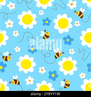 Motif été sans couture. Vecteur fleurs dessinées à la main Seamless patten. Marguerites stylisées et tournesols sur fond bleu Illustration de Vecteur