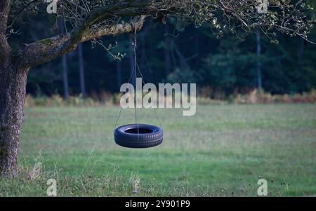 Balançoire abandonnée sur le jardin en vieux pneu. Tristesse, solitude ou photo concept d'enfance. Édition noir et blanc. Banque D'Images