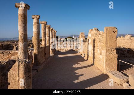 Colonnes anciennes, Maison de la villa Thésée, Parc archéologique de Paphos, Kato Paphos, République de Chypre. Banque D'Images