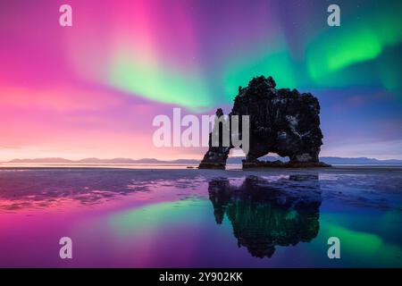 Violet et vert aurores boréales au-dessus du basalte empilent Hvitserkur sur la péninsule de Vatnsnes, en Islande. Magnifique paysage islandais avec lumières polaires. Aurora Borealis Banque D'Images