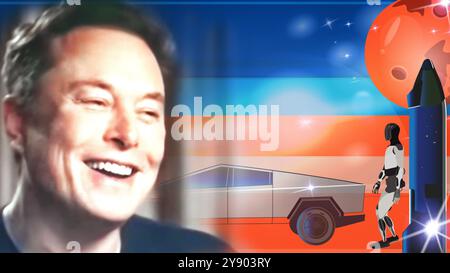 Collage amusant. Portrait d'Elon Musk, robot Tesla Optimus, vaisseau spatial, planète mars, Tesla Cybertruck. Banque D'Images