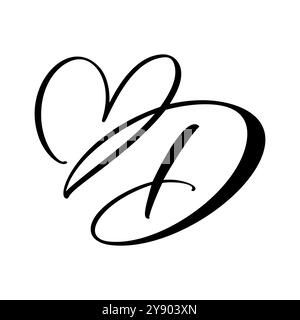 Calligraphie vecteur dessiné à la main lettre d'amour D. monogramme coeur vintage. Logo de police majuscule script. Style pinceau manuscrit. Élément Valentine Flourish Illustration de Vecteur