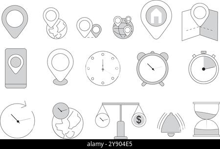 Icônes de ligne sur l'emplacement, l'heure et la date. Contient des icônes telles que l'horloge, le calendrier et l'épingle. Illustration de Vecteur