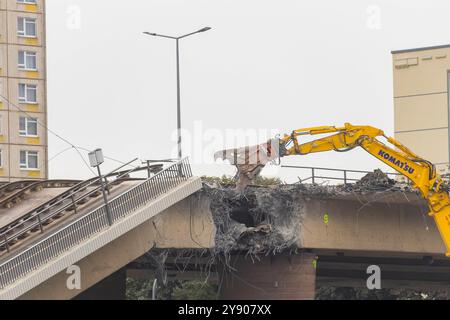 Abriss der Carolabrücke in Dresde Nach dem Teileinsturz der Carolabrücke wurde mit den Abrissarbeiten auf der Altstädter Seite begonnen. Dresde Sachsen Deutschland *** démolition du pont Carola à Dresde suite à l'effondrement partiel du pont Carola, les travaux de démolition ont commencé du côté de la vieille ville Dresde Saxe Allemagne Banque D'Images