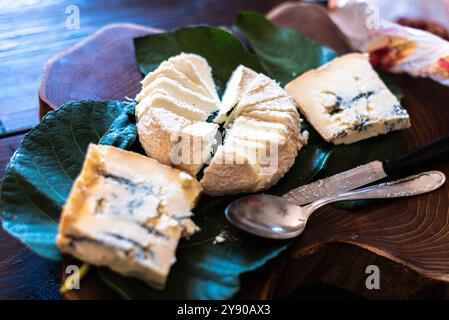 L'assiette en bois de fromages mélangés, une tradition à l'apéritif italien, Banque D'Images