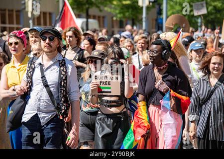 Queer comme dans Palestine libre. Protestants lors du défilé de la fierté d'Helsinki 2024 sur le Mannerheimintie 2024 à Helsinki, Finlande. Banque D'Images