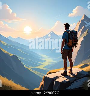 Solo Mountain Hiker Cartoon aventure randonnée voyage paysage panoramique nature Tourisme illustration de voyage. Illustration de dessin animé dynamique représentant Banque D'Images