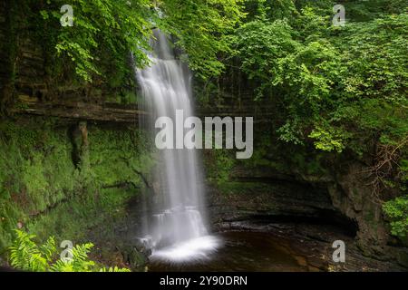 Cascade des eaux à Glencar Waterfall, comté de Sligo, Irlande - Une cascade pittoresque qui coule sur Mossy Rocks et un feuillage luxuriant Banque D'Images