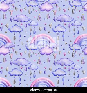 A stitched rainbow with clouds and letters BABY, garland flags, dots hanging from ropes in blue, purple and pink. Cute hand drawn watercolor Banque D'Images