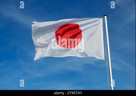 Le drapeau du Japon bat dans le vent contre un ciel bleu sans nuages Banque D'Images