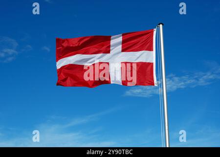 Le drapeau du Danemark bat dans le vent contre un ciel bleu sans nuages Banque D'Images