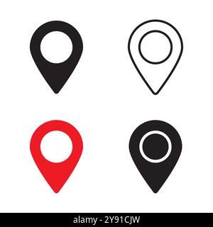 Icône d'épingle de localisation définie. Symboles de marqueur cartographique. Variations rouges et noires. Conception graphique vectorielle. Illustration de Vecteur
