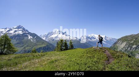 Alpiniste devant un panorama montagneux avec des sommets glaciaires, aiguille verte avec aiguille du midi et Mont Blanc, randonnée à Aiguillette de Banque D'Images