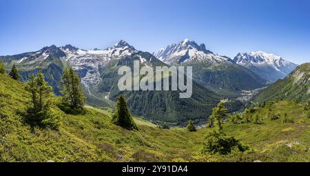 Panorama de montagne avec sommets glaciaires, aiguille de Chardonnet avec Glacier du Tour, aiguille verte avec aiguille du midi et Mont Blanc, hik Banque D'Images