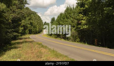 Une route asphaltée à deux voies de la colline et autour de la courbure dans des paysages forestiers nationaux Banque D'Images