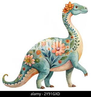 Illustration fantaisiste de dinosaure avec des motifs floraux sur son corps avec des fleurs et des feuilles vibrantes, mettant en valeur un mélange de fantaisie et d'apprec de la nature Banque D'Images