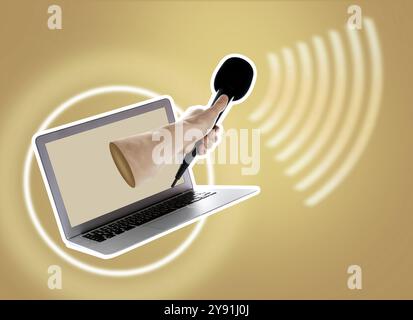 Main de journaliste avec microphone sortant de l'ordinateur portable sur fond de couleur. Collage créatif Banque D'Images