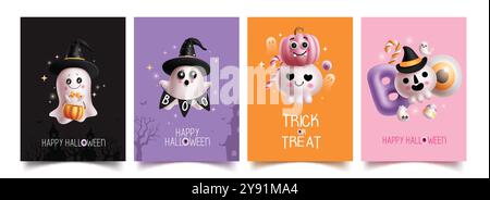 Conception d'ensemble d'affiche vectorielle de personnages fantômes d'Halloween. Happy halloween collection de cartes de voeux avec fantôme mignon et caractère de citrouilles pour flyers de fête Illustration de Vecteur