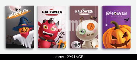 Conception d'ensemble d'affiche vectorielle de personnages d'Halloween. Joyeuse collection de cartes de voeux halloween avec épouvantail, diable, monstre, momie et personnages de citrouille Illustration de Vecteur