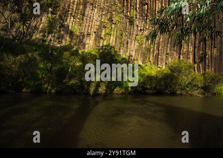 Colonnes de basalte volcaniques ressemblant à des « Organ Pipes » avec des reflets dans Jacksons Creek au parc national Organ Pipes, Melbourne, Vicctoria, Australie Banque D'Images