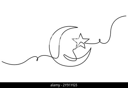 Un dessin en ligne continue de Lune avec étoiles. Bannière Ramadan Kareem dans un style linéaire simple. Symbole de sommeil avec croissant en forme de trait modifiable Illustration de Vecteur