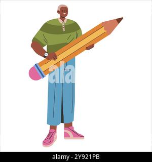 Concept de processus créatif. Un jeune homme tient un crayon géant, symbolisant l'imagination dans l'innovation commerciale. Personnage plat pleine longueur, style dessin animé. Illustration vectorielle. Illustration de Vecteur