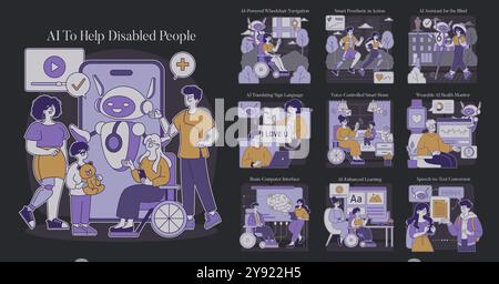 Prise en charge AI des personnes handicapées définie. L'assistance technique dans la vie quotidienne. Navigation en fauteuil roulant, traduction du langage des signes et prothèses intelligentes. Illustration vectorielle. Illustration de Vecteur