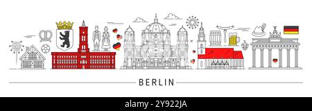 Silhouette berlinoise, monuments touristiques et gratte-ciel de l'Allemagne avec des symboles culturels emblématiques comme la porte de Brandebourg, la cathédrale de Berlin, Rotes Rathaus et des éléments historiques ou culturels allemands traditionnels Illustration de Vecteur