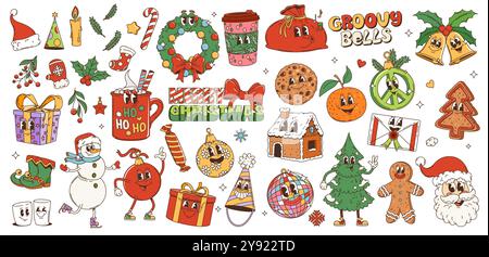 Personnages de Noël groovy de bande dessinée rétro et emoji funky de vacances d'hiver, icônes artistiques vectorielles des années 70. Rétro dessin animé groovy Santa et cadeaux, bonhomme de neige excentrique ou personnages de décoration d'arbre de Noël psychédélique Illustration de Vecteur