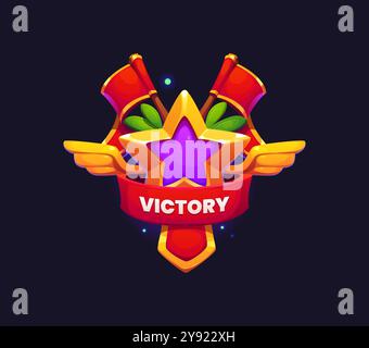 Icône de victoire de jeu, badge de récompense, trophée vectoriel de bande dessinée avec une étoile au centre violet, entouré d'ailes d'or et ruban rouge, feuilles de laurier et drapeaux, symbolisant la réussite et le succès dans le jeu Illustration de Vecteur