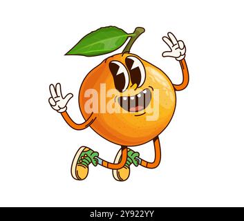 Caractère de fruit de mandarine tropicale groovy. Vecteur de dessin animé orange, personnage d'agrumes mandarine sautant avec expression heureuse et joyeuse, gestes de paix clignotants, respire l'ambiance d'été funky et hippie Illustration de Vecteur