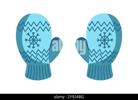 Moufles tricotées bleues avec objet vectoriel plat flocons de neige Illustration de Vecteur