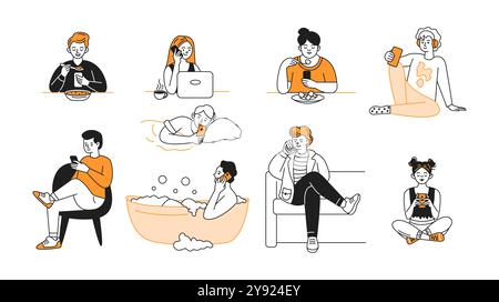 Les jeunes accro à l'ensemble d'icônes vectorielles de smartphones Illustration de Vecteur