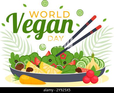 Illustration vectorielle World Vegan Day mettant en vedette une variété de légumes et de fruits pour célébrer le mode de vie végétalien dans un fond de dessin animé de style plat Illustration de Vecteur