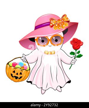 Fantôme féminin mignon de dessin animé avec un grand chapeau sur sa tête et ses lunettes, tenant une citrouille et une rose rouge. Personnage d'Halloween, sur fond blanc. Illustration de Vecteur