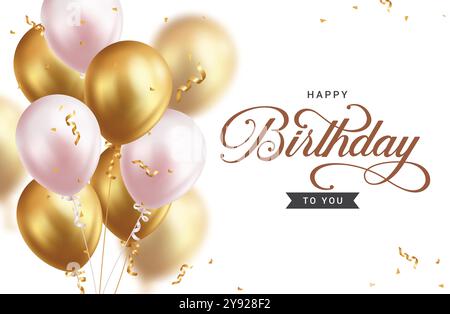 Conception de fond de vecteur de voeux joyeux anniversaire. Texte de voeux d'anniversaire avec bouquet de ballons dorés et roses flottant pour la décoration de l'événement. Vecteur Illustration de Vecteur