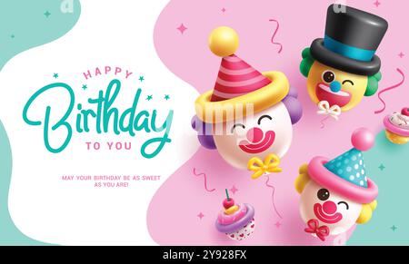 Conception vectorielle de voeux joyeux anniversaire. Ballons gonflables de clown d'anniversaire décoration d'éléments de gâteau de tasse en arrière-plan abstrait. Illustration vectorielle Illustration de Vecteur
