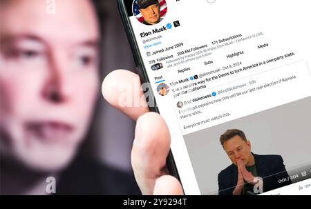 Poltava Ukraine 08 octobre 2024. Page de profil Twitter d'Elon Musk sur l'écran d'un smartphone avec un nouveau tweet. Banque D'Images