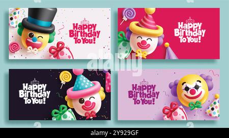 Conception d'ensemble de bannière vectorielle de voeux joyeux anniversaire. Texte de voeux d'anniversaire avec ballon de clowns mignon, cadeaux gonflables et éléments de chapeau de fête Illustration de Vecteur