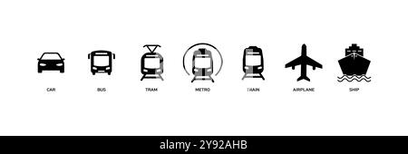 Ensemble d'icônes Silhouette de transport public ferroviaire. Train, Tram, métro Glyph pictogramme. Métro, panneau de la station de tramway électrique. Système de trafic routier Illustration de Vecteur