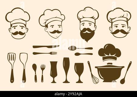 Une illustration représentant des visages de chef et des ustensiles de cuisine dans un style rétro. Illustration de Vecteur