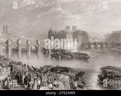 Vue du Pont neuf enjambant la Seine, Paris, France. D'une estampe du XIXe siècle Banque D'Images