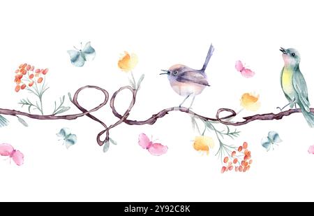 Branches d'arbre sans couture avec des coeurs et de minuscules oiseaux par aquarelle isolé. Oiseaux mignons sur liane avec des plantes florales simples, papillons dessinés à la main Banque D'Images