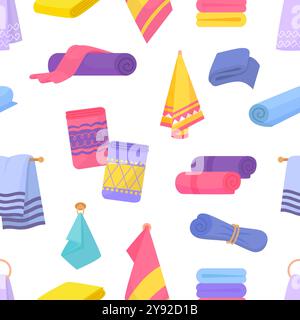 Serviettes vibrantes de dessin animé. Modèle sans couture avec serviette pour salle de bain et cuisine. Serviettes hygiéniques, rouleaux et piles de tissu. Fond vectoriel décoratif Illustration de Vecteur