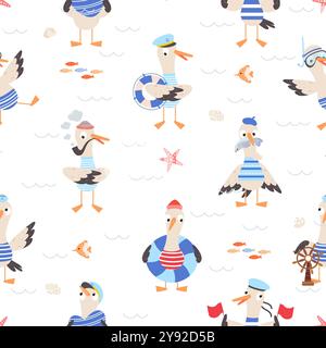 Motif Seagull sans couture. Modèle d'impression drôle de mouettes de dessin animé. Conception pour toile de fond de page Web d'emballage de tissu. Oiseaux de mer de nos jours fond de vecteur Illustration de Vecteur