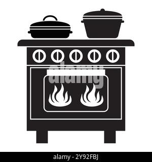 Une silhouette noire élégante d'une cuisinière classique avec des casseroles sur le dessus et des flammes en dessous, parfaite pour les thèmes culinaires et les visuels de cuisine maison. Illustration de Vecteur