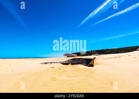 Bateau en bois abandonné sur une plage pour l'avenir la mémoire d'une désertification qui déplace inexorablement Banque D'Images