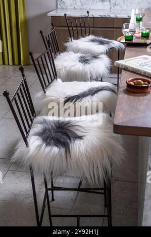 Chaises de salle à manger avec coussins en peau de mouton par Wildash, Londres, mobilier de luxe issu du commerce équitable et durable Banque D'Images